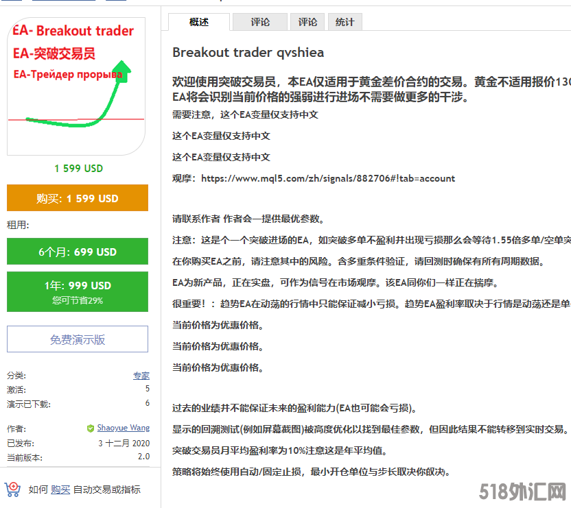 最新趋势EA已经破解分享带参数带图，有观摩官网售价1599美金
